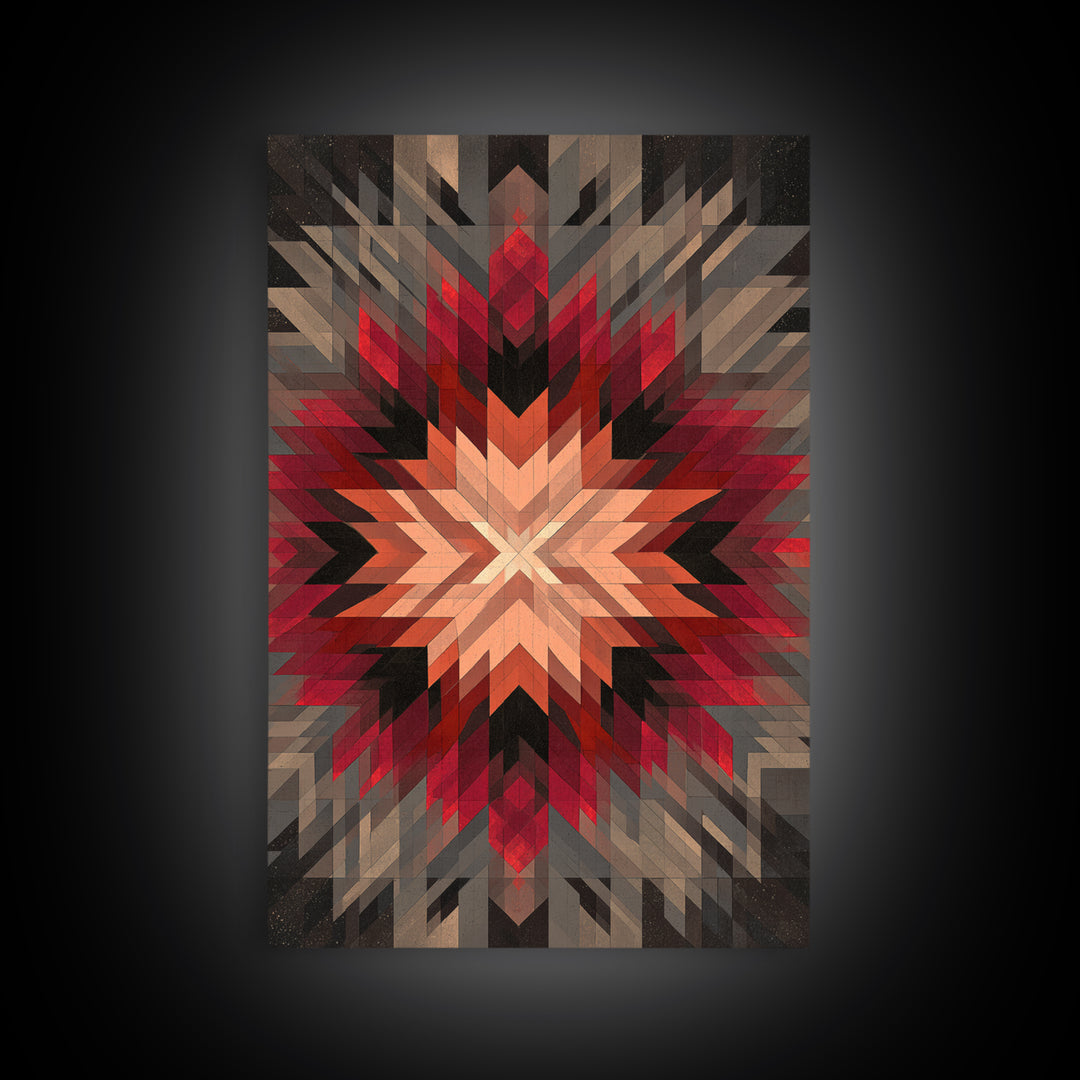 Red Gray Southwestern Starburst, Framed Canvas Print, Geometric Wall Art, Bold Abstract Decor, Rustic Modern Living Room Poster