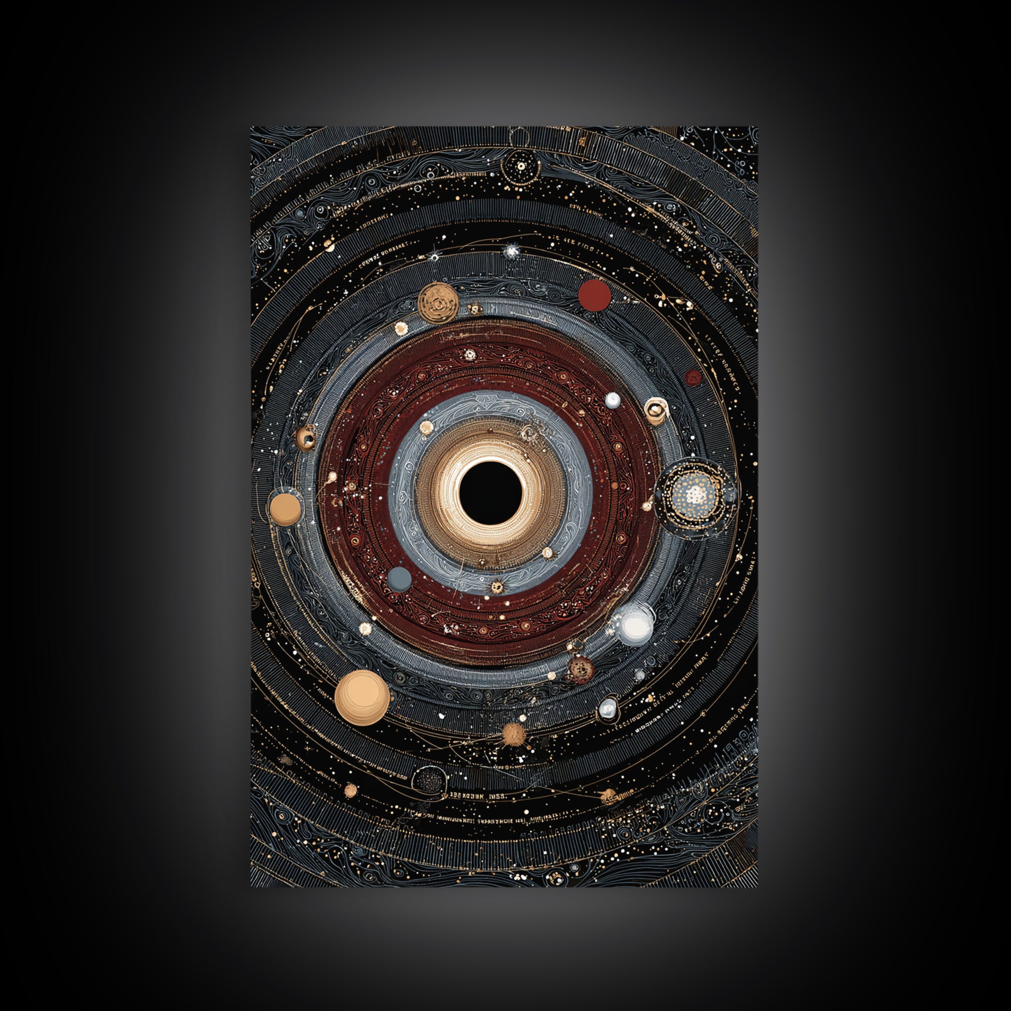 Ornate Black Hole Orbit Wall Art, Cosmic Midcentury Modern, Dark Space Abstract Art, Geometric Wall Decor, Statement Poster