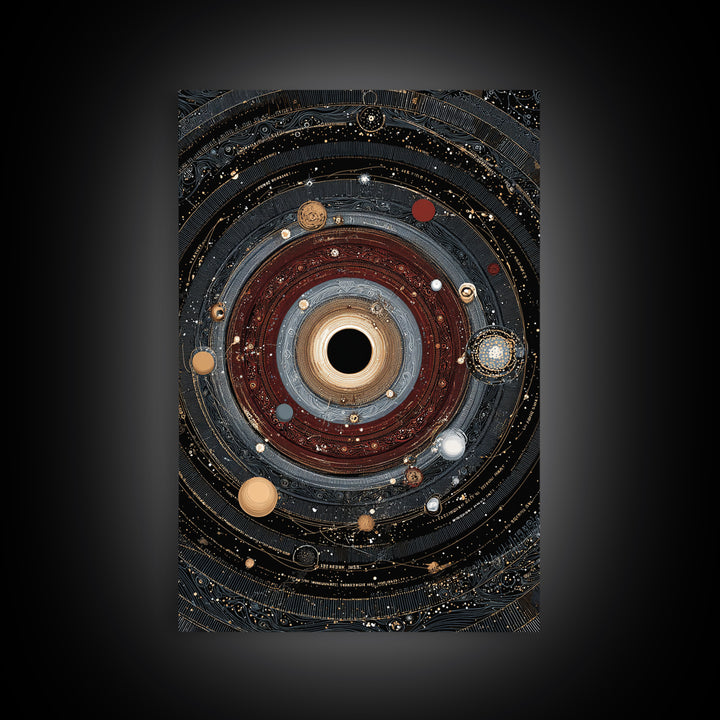 Ornate Black Hole Orbit Wall Art, Cosmic Midcentury Modern, Dark Space Abstract Art, Geometric Wall Decor, Statement Poster