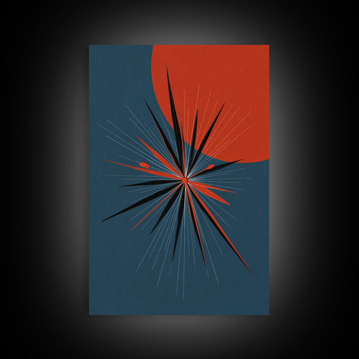 Red Sun Atomic Starburst Wall Art, Midcentury Modern Art, Retro Modern Poster, Blue Orange Abstract Print, Mcm Wall Decor