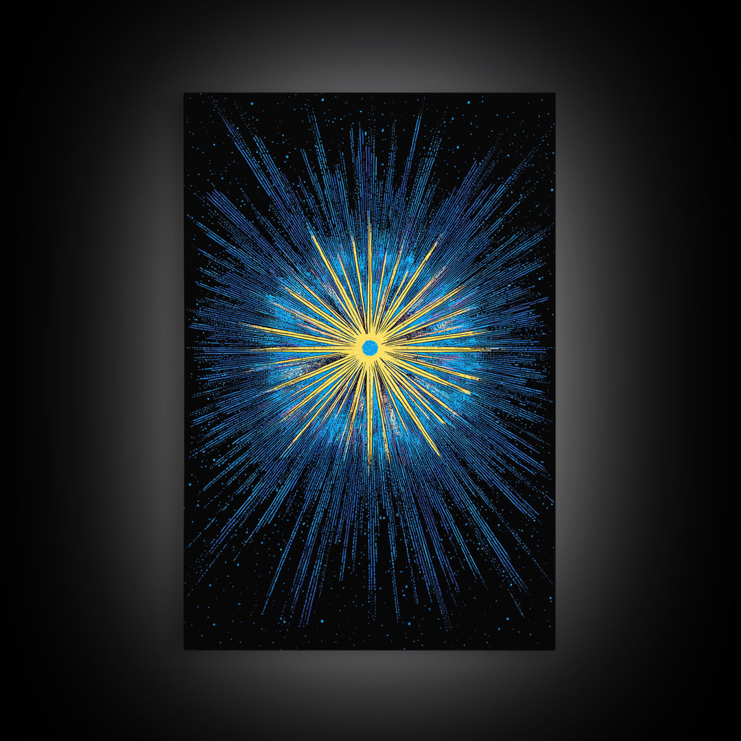 Blue Yellow Cosmic Starburst Wall Art, Space Abstract Art, Modern Digital Art, Retro Sci Fi Poster, Kids Room Decor, Large Print