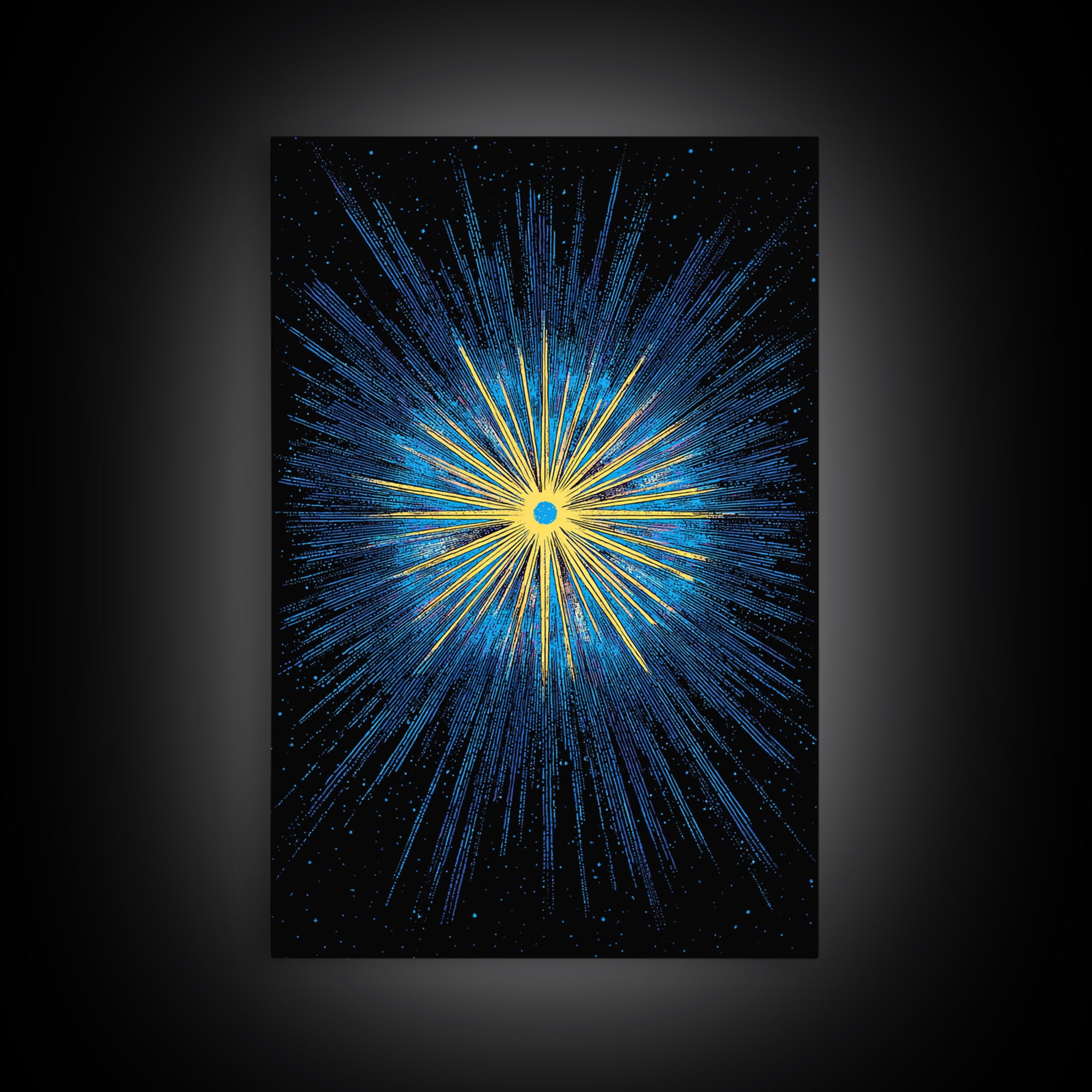 Blue Yellow Cosmic Starburst Wall Art, Space Abstract Art, Modern Digital Art, Retro Sci Fi Poster, Kids Room Decor, Large Print