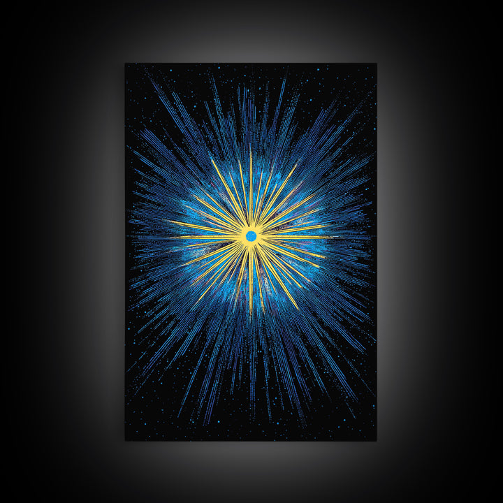Blue Yellow Cosmic Starburst Wall Art, Space Abstract Art, Modern Digital Art, Retro Sci Fi Poster, Kids Room Decor, Large Print