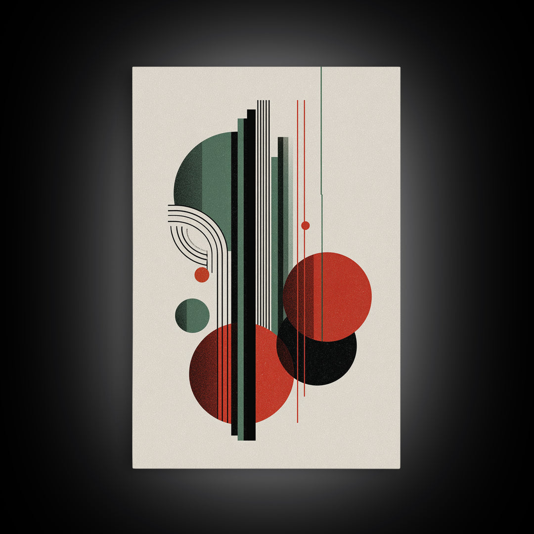 Red Green Bauhaus Circles Wall Art, Midcentury Modern Geometric Print, MCM Decor, Abstract Lines For Living Room Home Decor Print