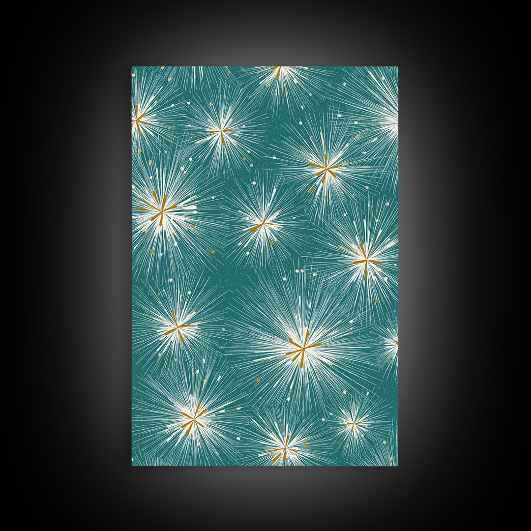 Teal Atomic Starburst Pattern Wall Art, Midcentury Modern Art Print, Retro Wall Decor, Gold White Abstract Home Decor Print