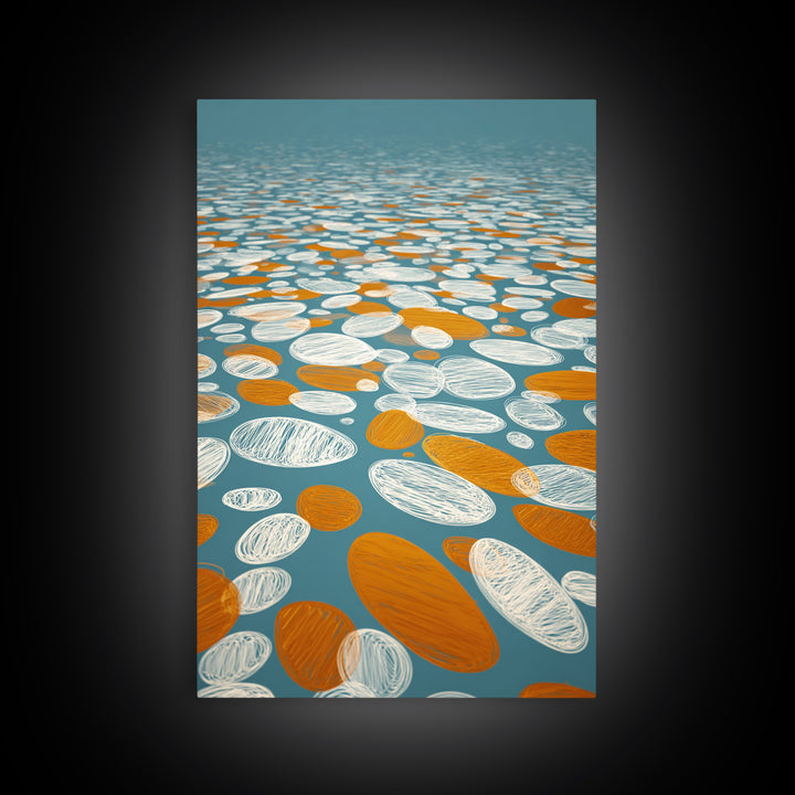 Orange White Floating Pebble Wall Art, Modern Abstract Art Print, Retro Geometric Decor, Blue Coastal Perspective Poster