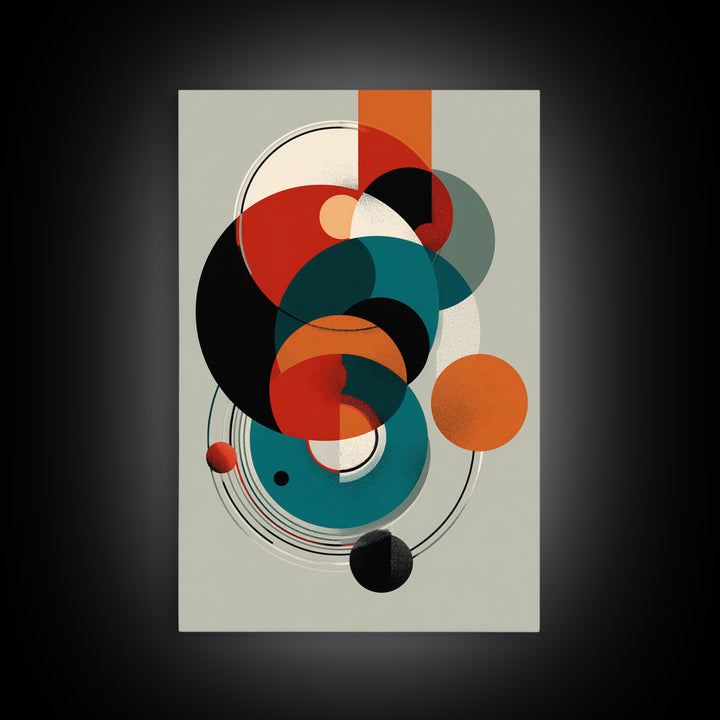 Orange Teal Geometric Circles Framed Canvas Print, Midcentury Modern Wall Art, Bauhaus Abstract Decor, Retro Home Decor Print
