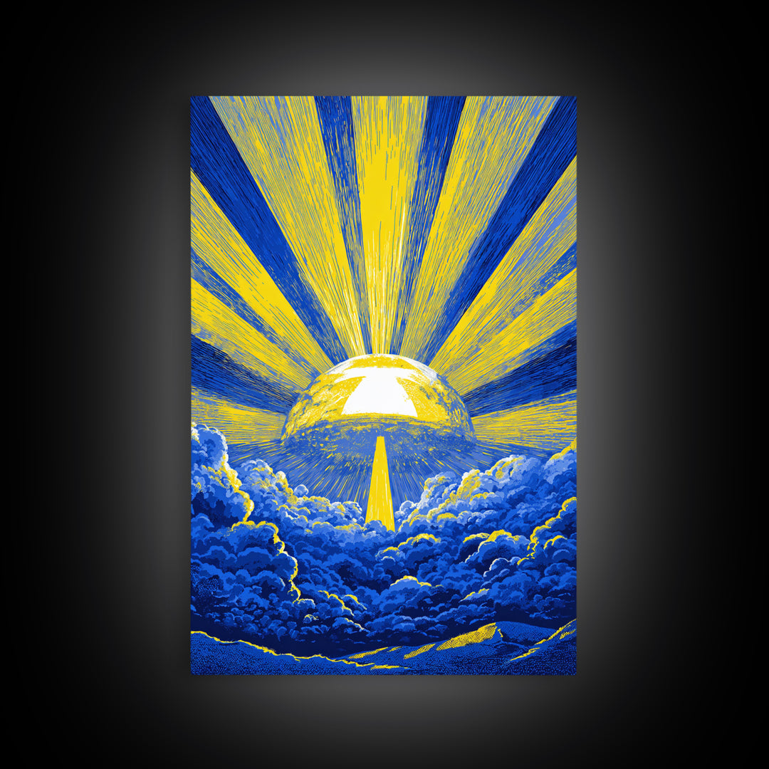 Blue Yellow Celestial Sunburst Canvas Print, Mid Century Modern Wall Decor, Abstract Sun Rays, Cosmic Retro Poster For Living Room