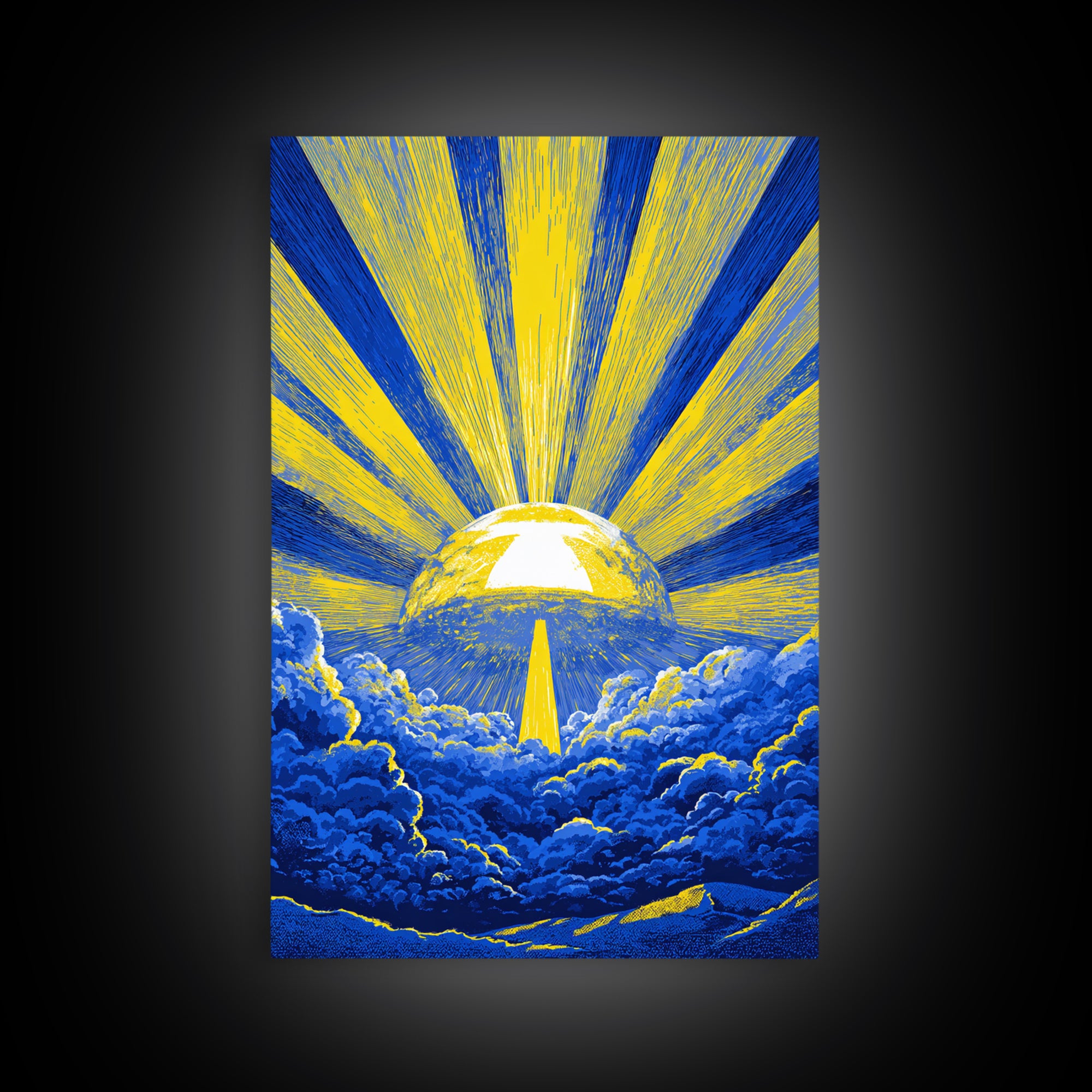 Blue Yellow Celestial Sunburst Canvas Print, Mid Century Modern Wall Decor, Abstract Sun Rays, Cosmic Retro Poster For Living Room