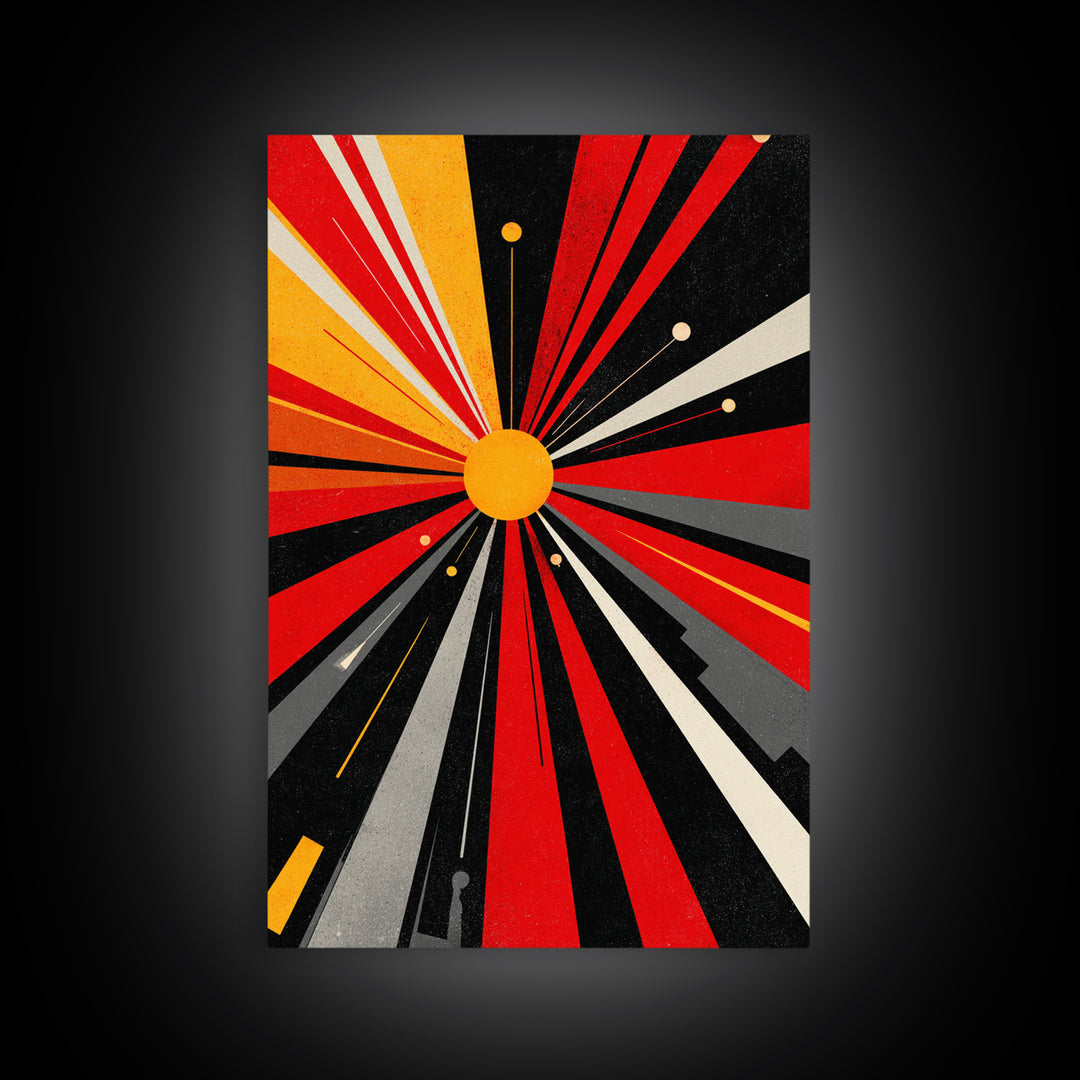 Atomic Red Black Starburst Canvas Print, Mid Century Modern Abstract Wall Art, Geometric Space Poster, Retro Bauhaus Decor