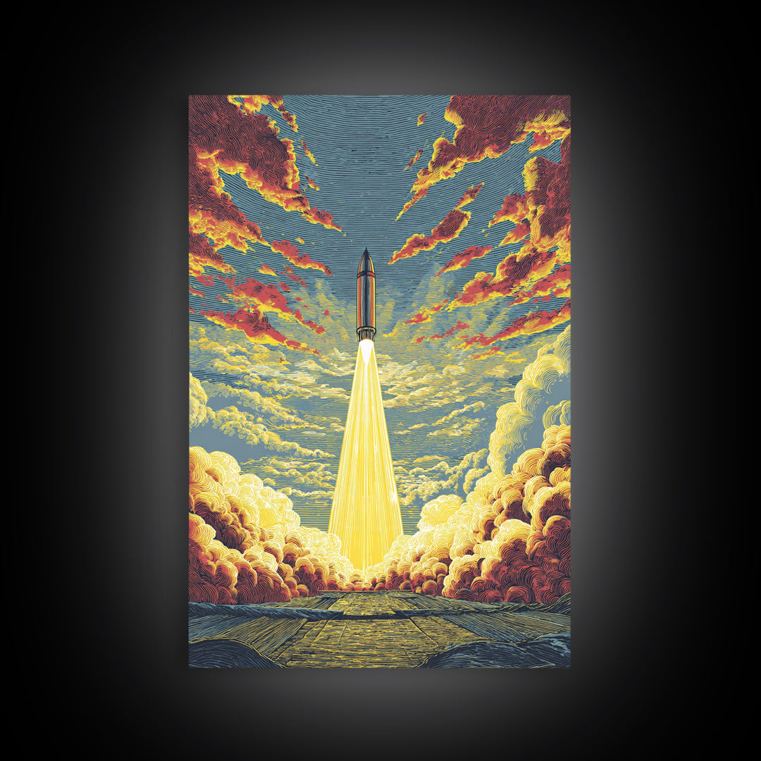 Golden Rocket Launch Framed Canvas Print, Mid Century Modern Space Wall Art, Retro Sci Fi Poster, Dramatic Cloudscape Decor