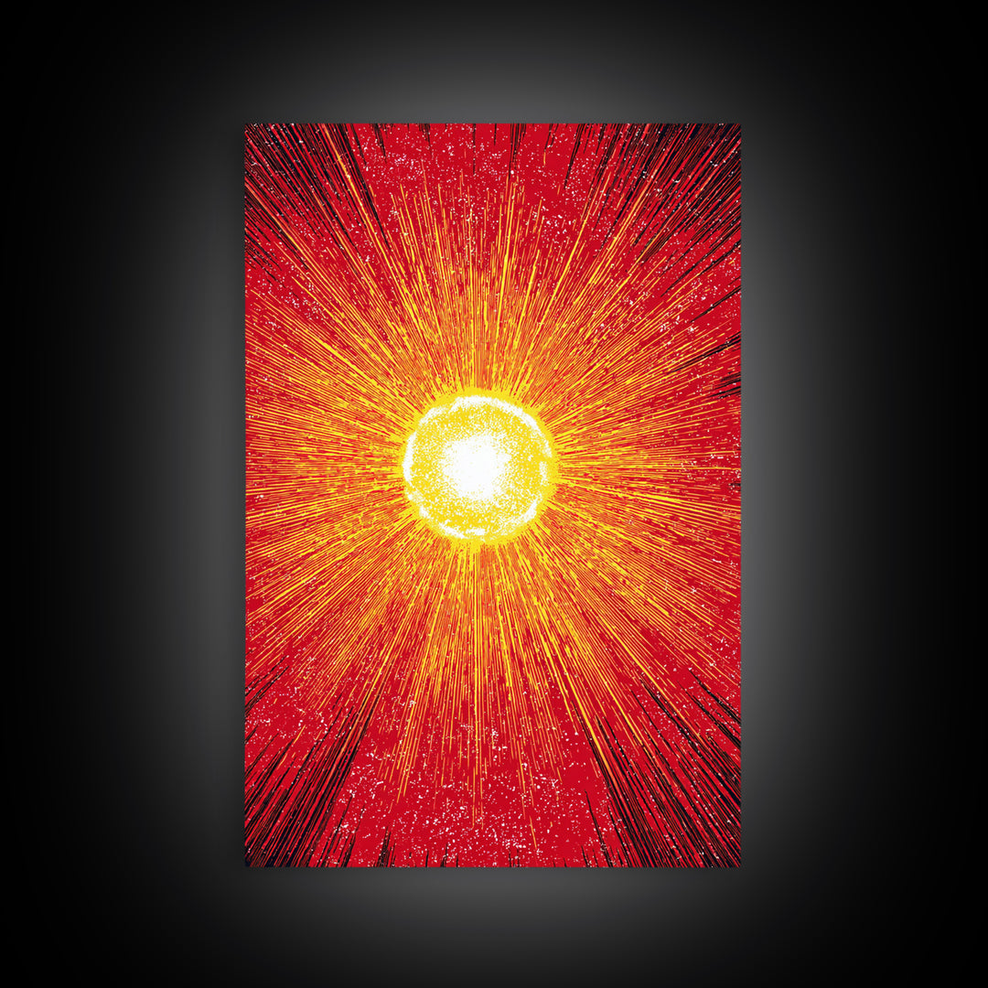 Blazing Red Solar Sun Wall Art, Mid Century Modern Abstract Poster, Orange Yellow Energy Rays, Atomic Retro Decor Print Gift