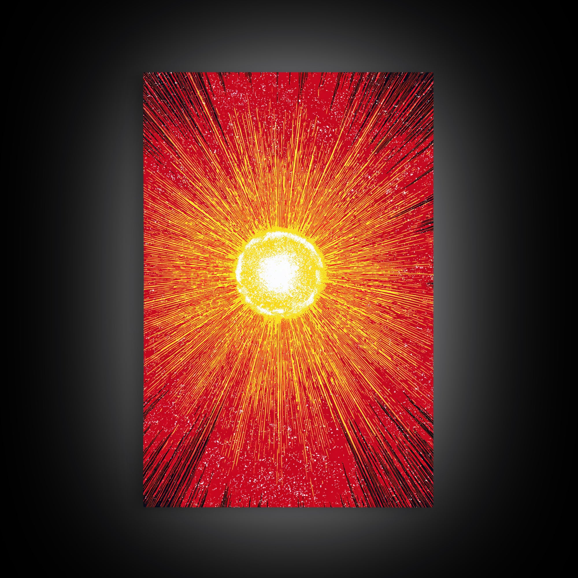 Blazing Red Solar Sun Wall Art, Mid Century Modern Abstract Poster, Orange Yellow Energy Rays, Atomic Retro Decor Print Gift