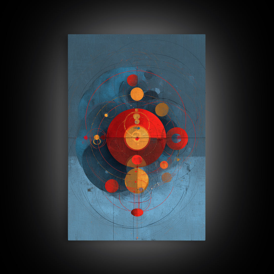 Blue Red Orbital Geometry Canvas Print, Mid Century Modern Abstract Wall Art, Atomic Circles Poster, Bauhaus Home Decor Gift