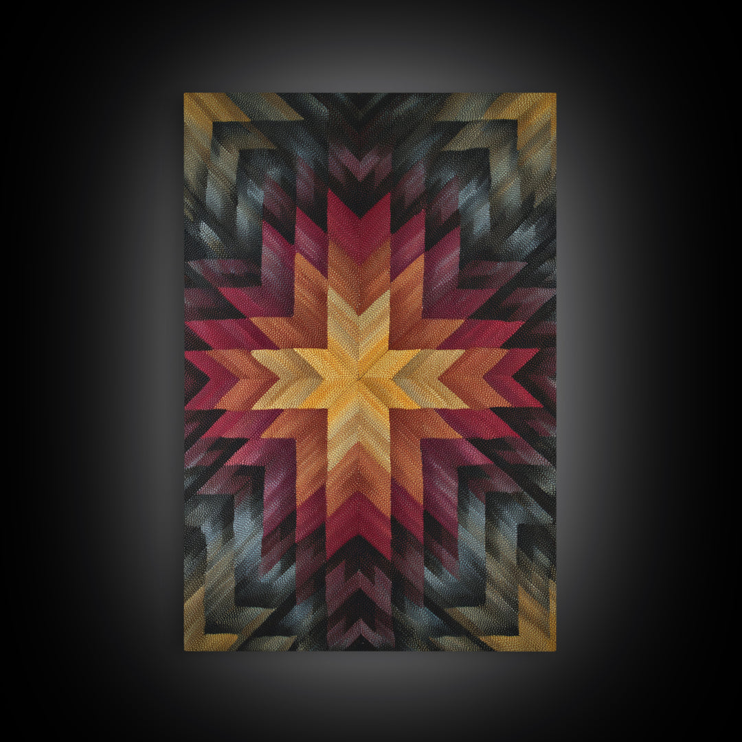 Southwestern Geometric Star Quilt Canvas Print, Midcentury Modern Wall Decor, Red Gold Black Abstract Statement Art For Living Room