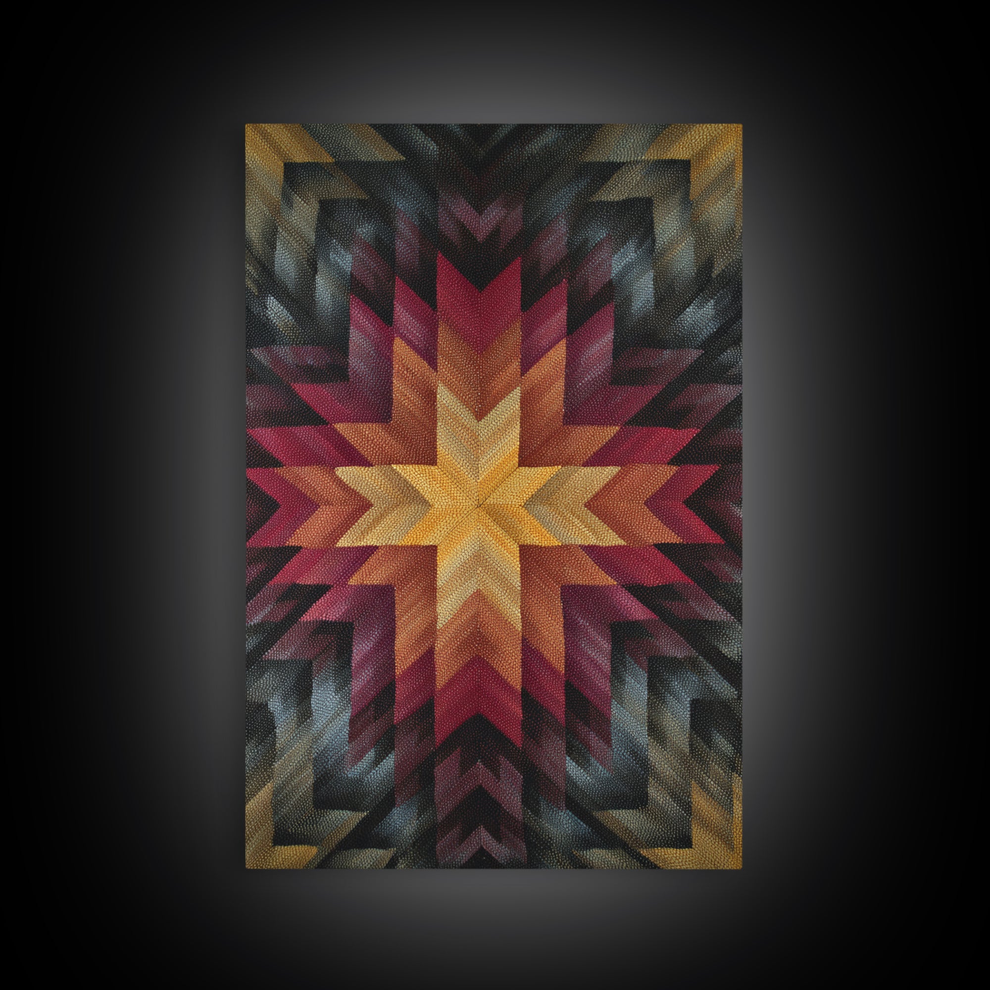 Southwestern Geometric Star Quilt Canvas Print, Midcentury Modern Wall Decor, Red Gold Black Abstract Statement Art For Living Room