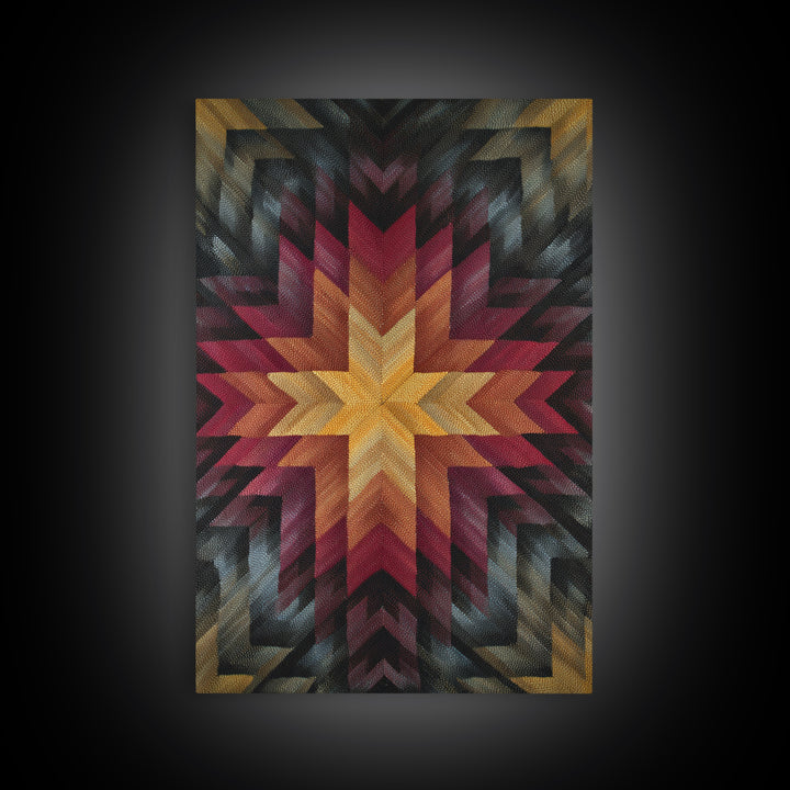 Southwestern Geometric Star Quilt Canvas Print, Midcentury Modern Wall Decor, Red Gold Black Abstract Statement Art For Living Room