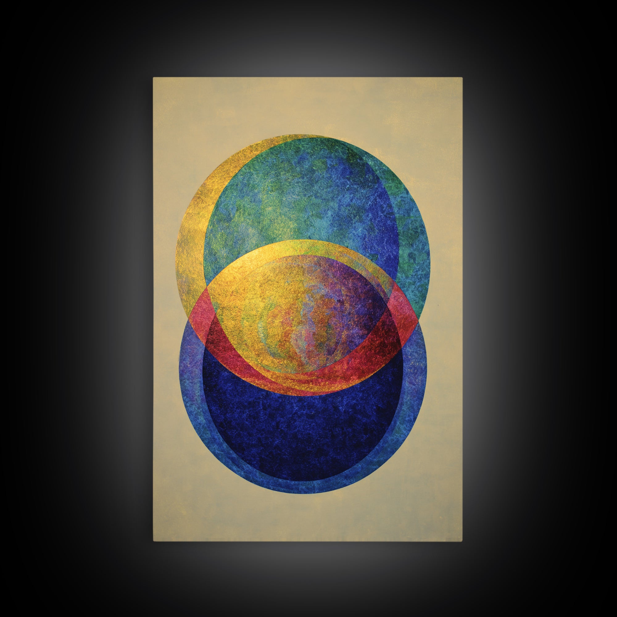 Overlapping Circle Geometry Framed Canvas Print, Mid Century Modern Abstract Wall Art, Colorful Bauhaus Decor, Textured Poster