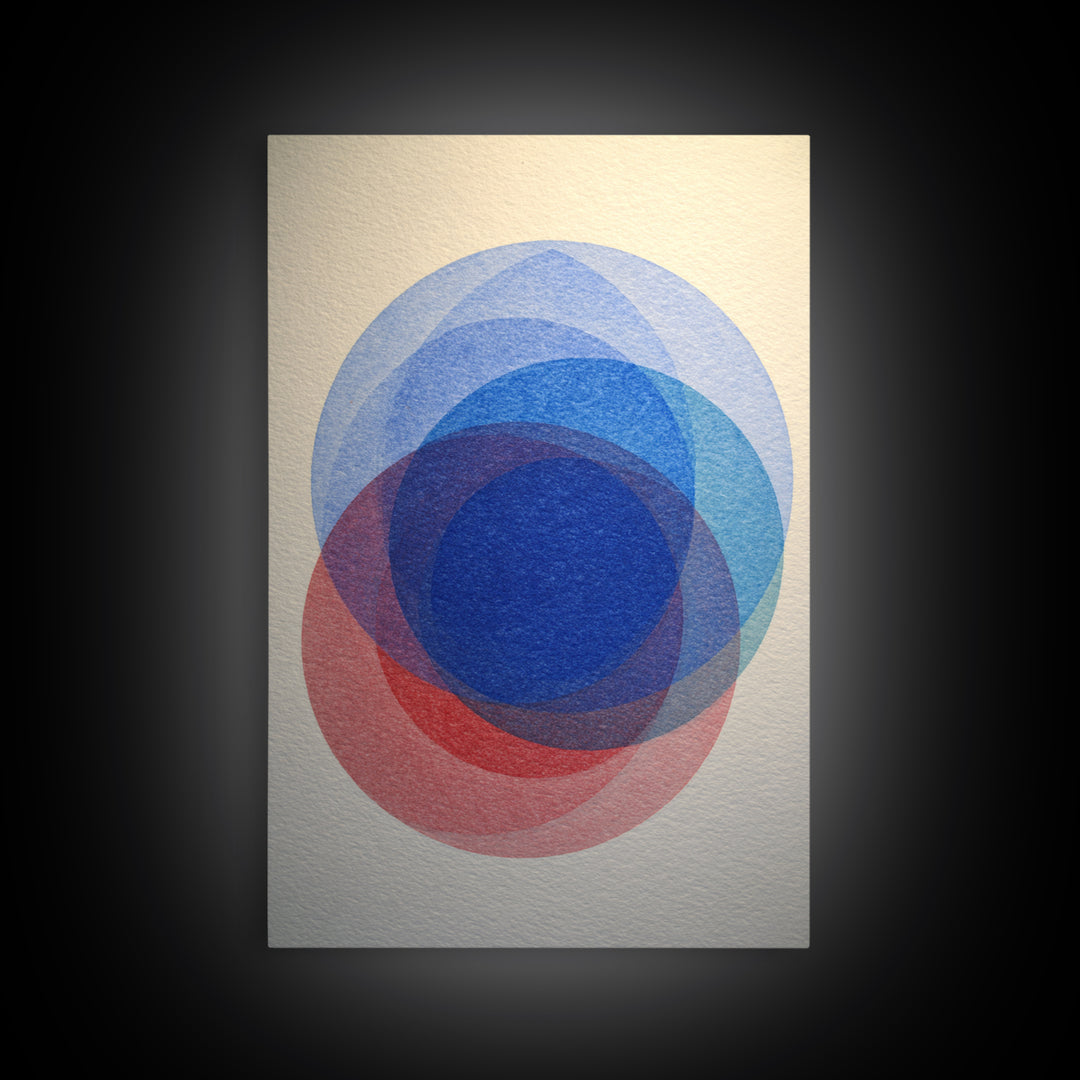 Soft Blue Red Overlapping Circles Framed Canvas Print, Minimalist Midcentury Modern Wall Art, Geometric Bedroom Decor, Blue Art Print