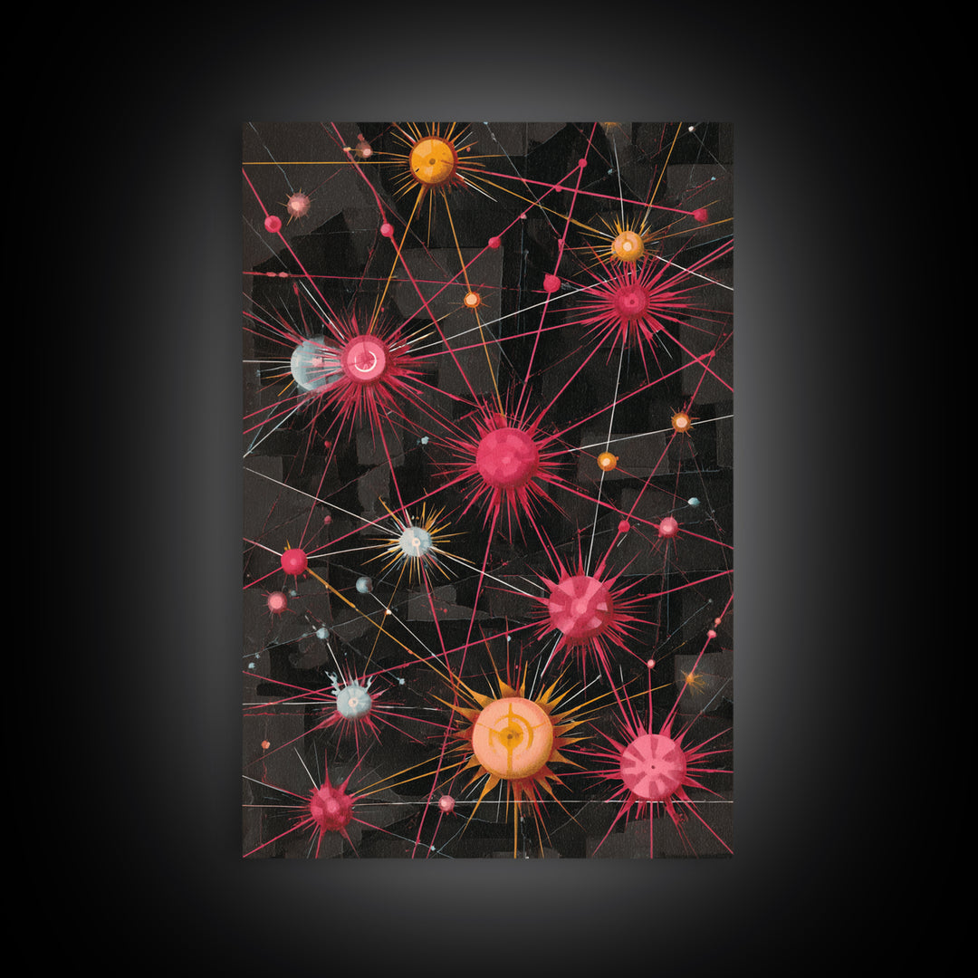 Atomic Pink Orange Network Wall Art, Midcentury Modern Abstract Print, Space Age Geometric Decor For Living Room Home Office