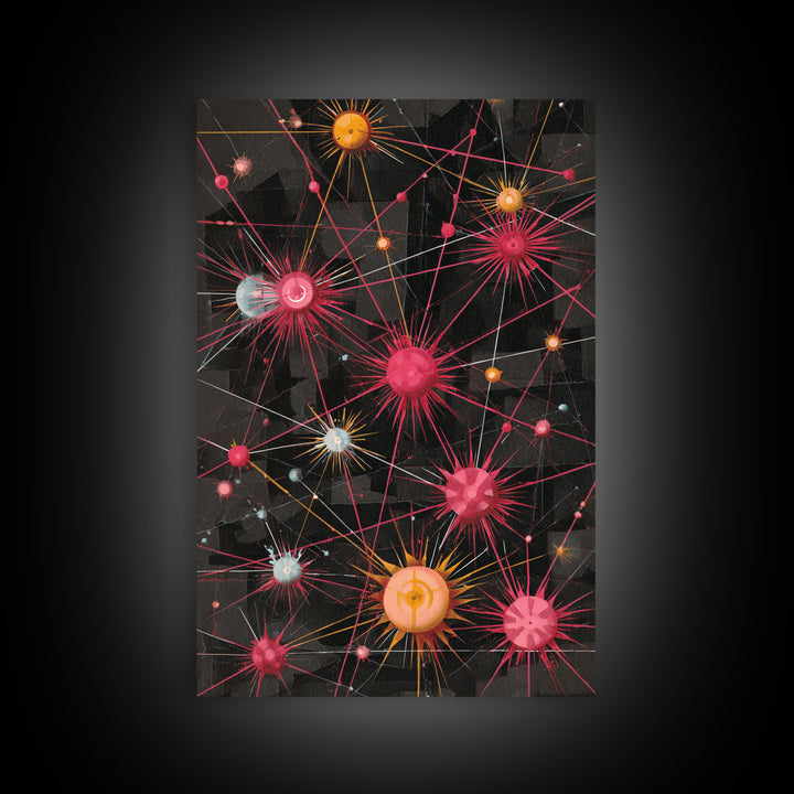 Atomic Pink Orange Network Wall Art, Midcentury Modern Abstract Print, Space Age Geometric Decor For Living Room Home Office