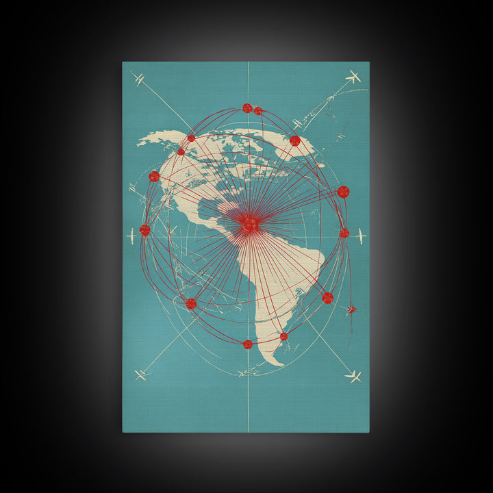 Retro Americas Flight Route Map Canvas Print, Midcentury Modern Travel Wall Decor, Teal Red Atomic Aviation Poster For Office
