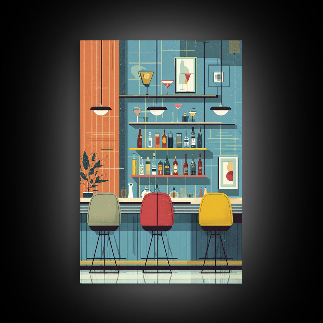 Colorful Retro Cocktail Bar With Three Chairs Canvas Print, Midcentury Modern Wall Decor, Bar Cart Art, Kitchen Poster Gift