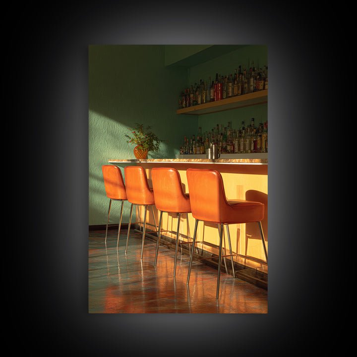 Green And Orange Sunlit Cocktail Bar With Stools Canvas Print, Midcentury Modern Wall Art, Retro Decor, Warm Lounge Poster