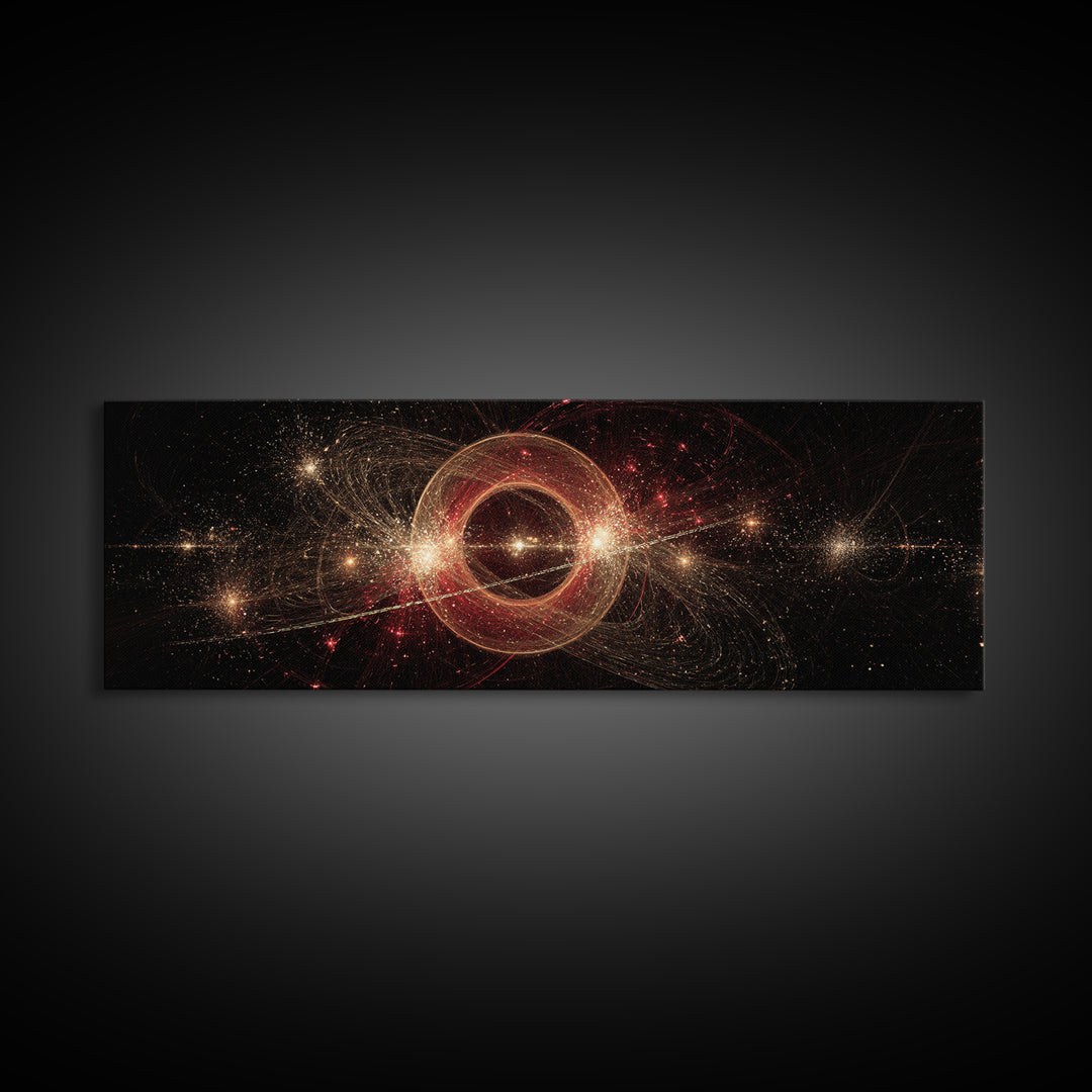Glowing Cosmic Ring With Gold Sparks Wall Art, Abstract Space Poster, Modern Wall Decor, Galaxy Print, Black Red Home Decor