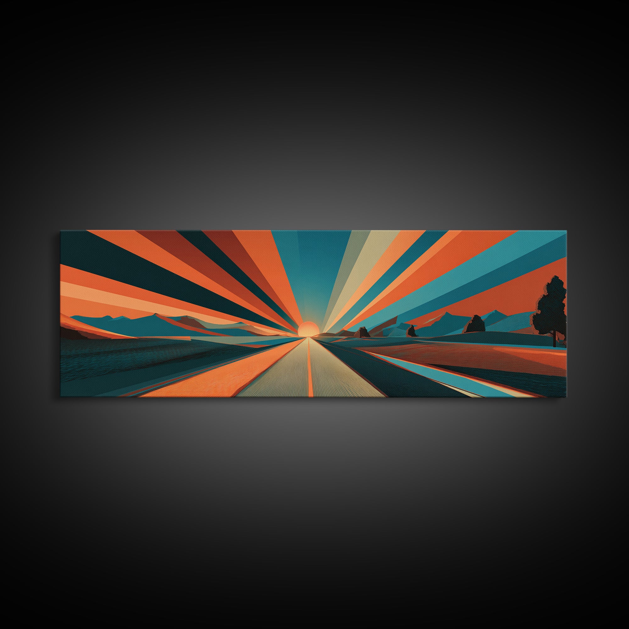 Retro Desert Road Sunburst Canvas Print, Midcentury Modern Wall Art, Orange Teal Landscape Poster, Palm Springs Decor Gift