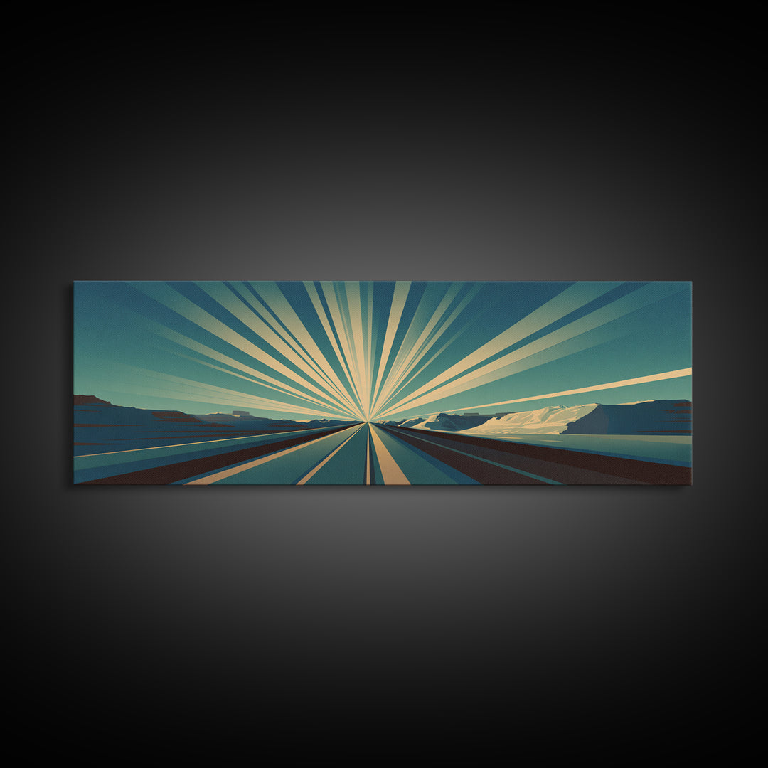 Radiant Teal Highway Horizon Wall Art, Midcentury Modern Art Print, Retro Landscape Poster, Modern Wall Decor For Office
