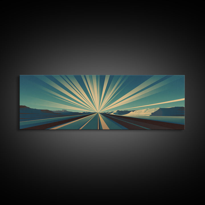 Radiant Teal Highway Horizon Wall Art, Midcentury Modern Art Print, Retro Landscape Poster, Modern Wall Decor For Office