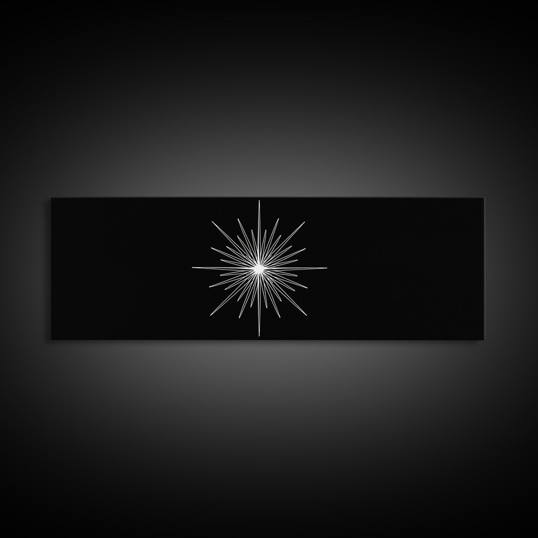White Atomic Starburst On Black Wall Art, Mid Century Modern Decor, Retro Geometric Print, Minimalist MCM Wall Decor, Abstract Art