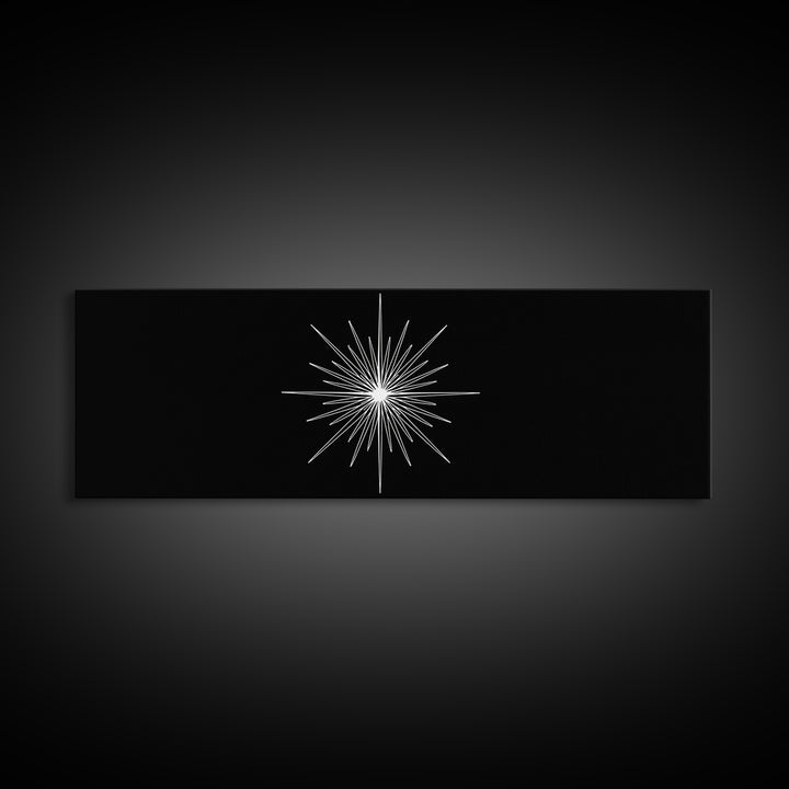White Atomic Starburst On Black Wall Art, Mid Century Modern Decor, Retro Geometric Print, Minimalist MCM Wall Decor, Abstract Art