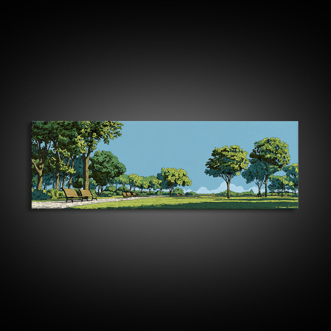 Sunny Green Park With Benches Wall Art, Mid Century Modern Landscape Print, Nature Wall Decor, Scenic Living Room Art, Office Decor