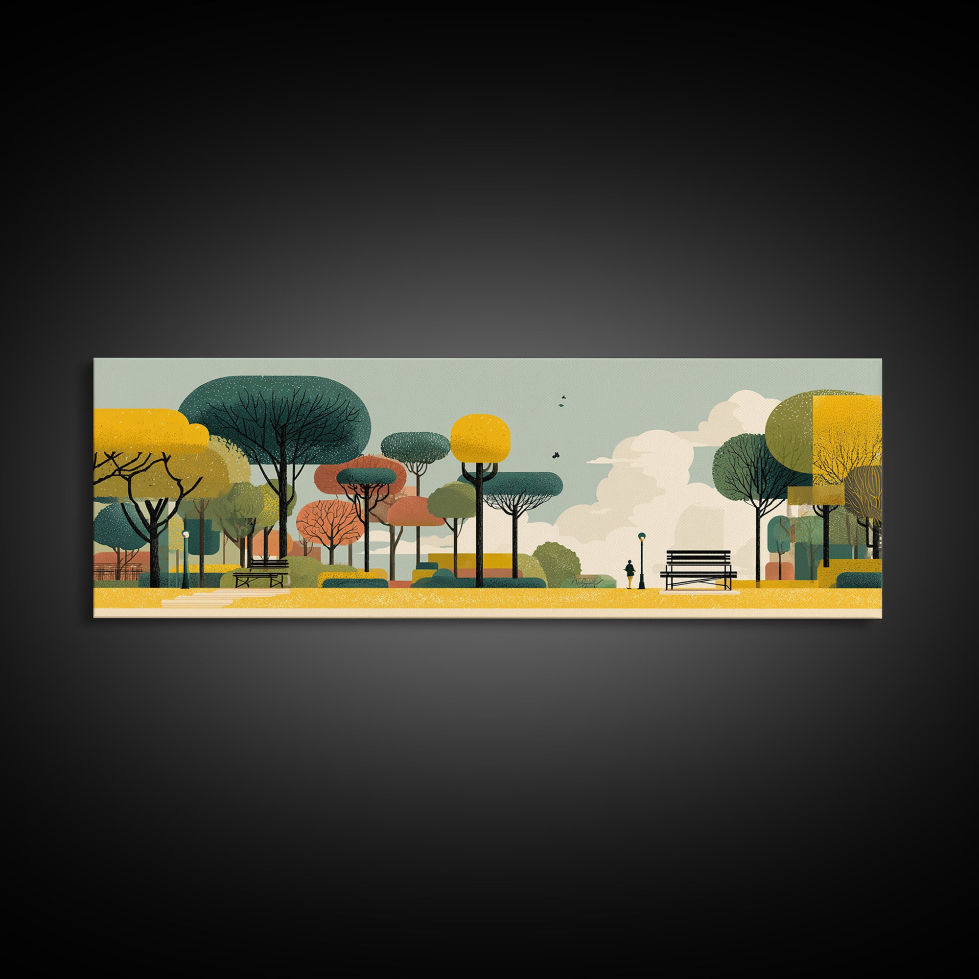 Autumn Modern Park With Benches Canvas Print, Mid Century Modern Art, Scandinavian Landscape Poster, Colorful Nature Decor