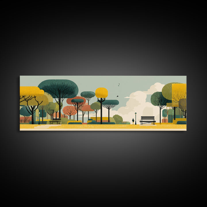 Autumn Modern Park With Benches Canvas Print, Mid Century Modern Art, Scandinavian Landscape Poster, Colorful Nature Decor