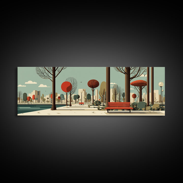 Red Bench City Park In Autumn Wall Art, Mid Century Modern Landscape Print, Retro Urban Poster, Colorful Living Room Decor