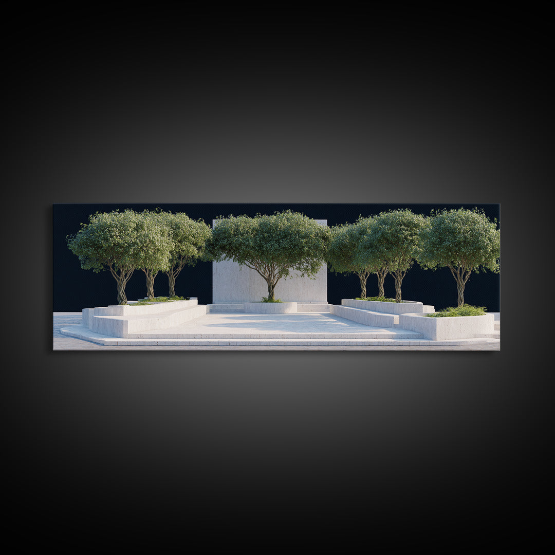 Mediterranean Olive Tree Courtyard Framed Canvas Print, Modern Wall Art, Architectural Landscape, Minimalist Home Decor Art