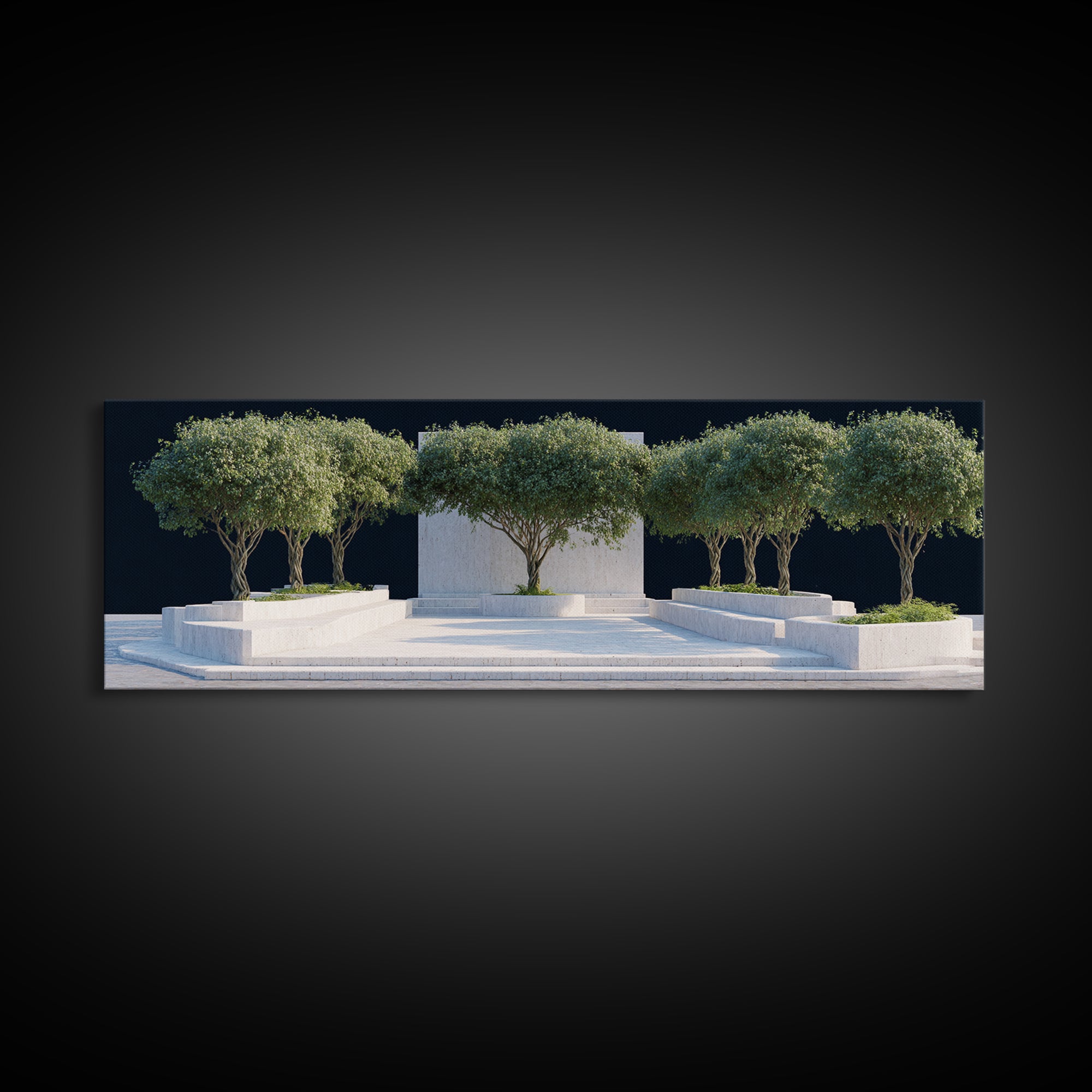 Mediterranean Olive Tree Courtyard Framed Canvas Print, Modern Wall Art, Architectural Landscape, Minimalist Home Decor Art