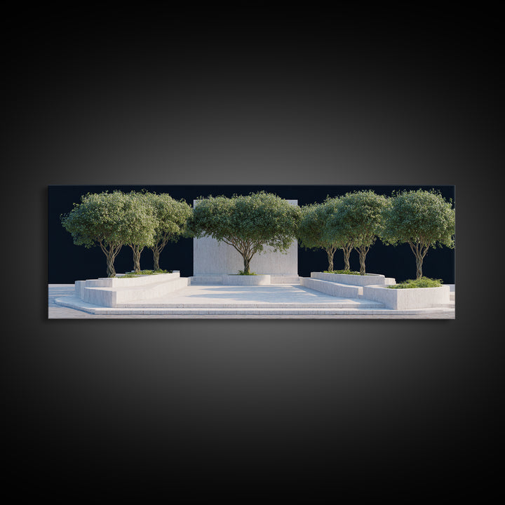 Mediterranean Olive Tree Courtyard Framed Canvas Print, Modern Wall Art, Architectural Landscape, Minimalist Home Decor Art