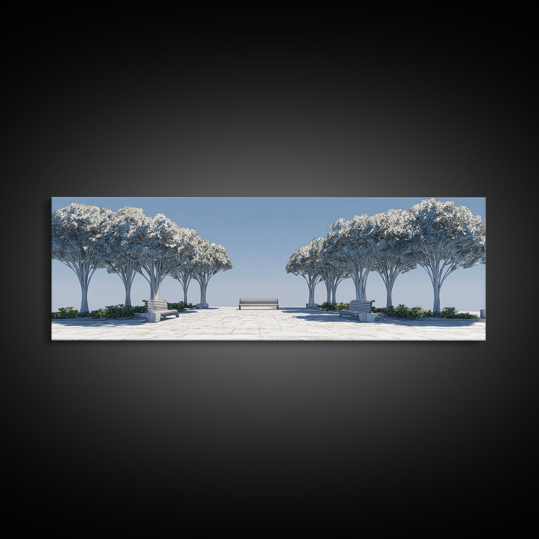 Symmetrical Winter Tree Promenade Canvas Print, Modern Wall Art, Scandinavian Landscape, Blue White Minimalist Wall Decor