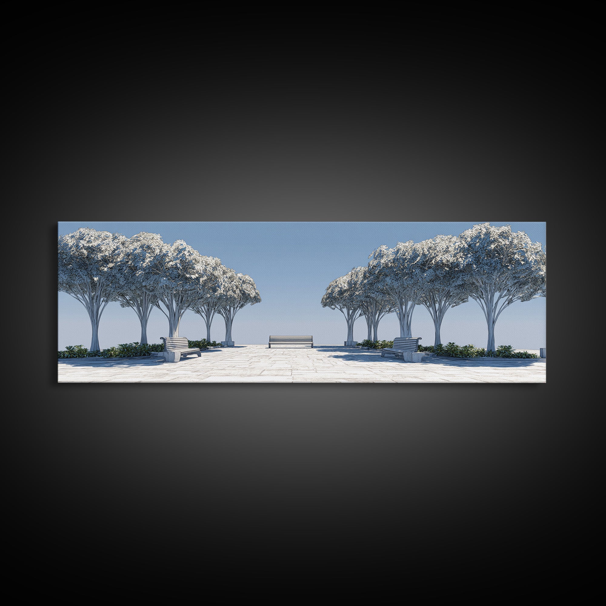 Symmetrical Winter Tree Promenade Canvas Print, Modern Wall Art, Scandinavian Landscape, Blue White Minimalist Wall Decor