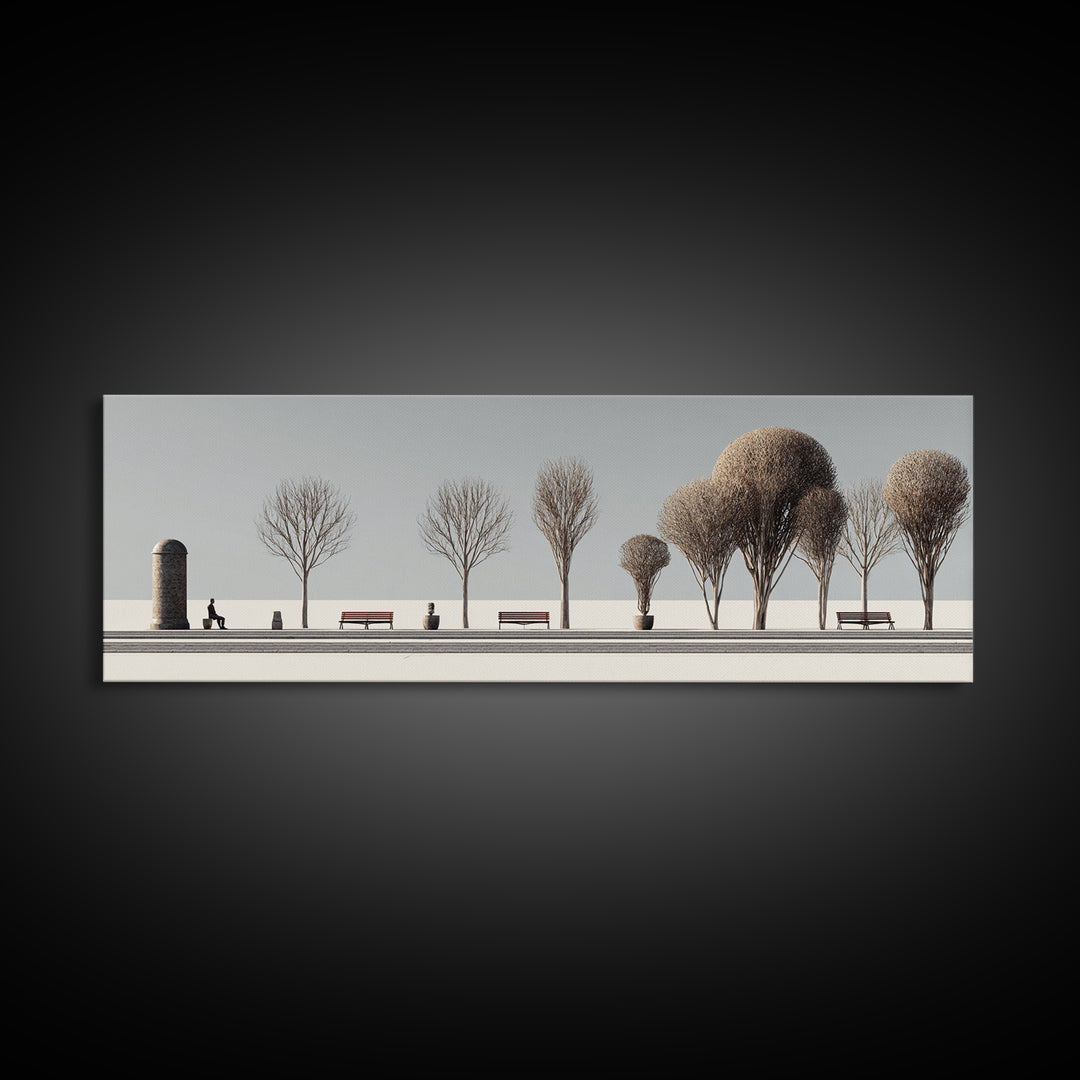 Minimal Winter Promenade With Bare Trees And Benches Wall Art, Modern Landscape Print, Scandinavian Decor, Office Art, Home Decor