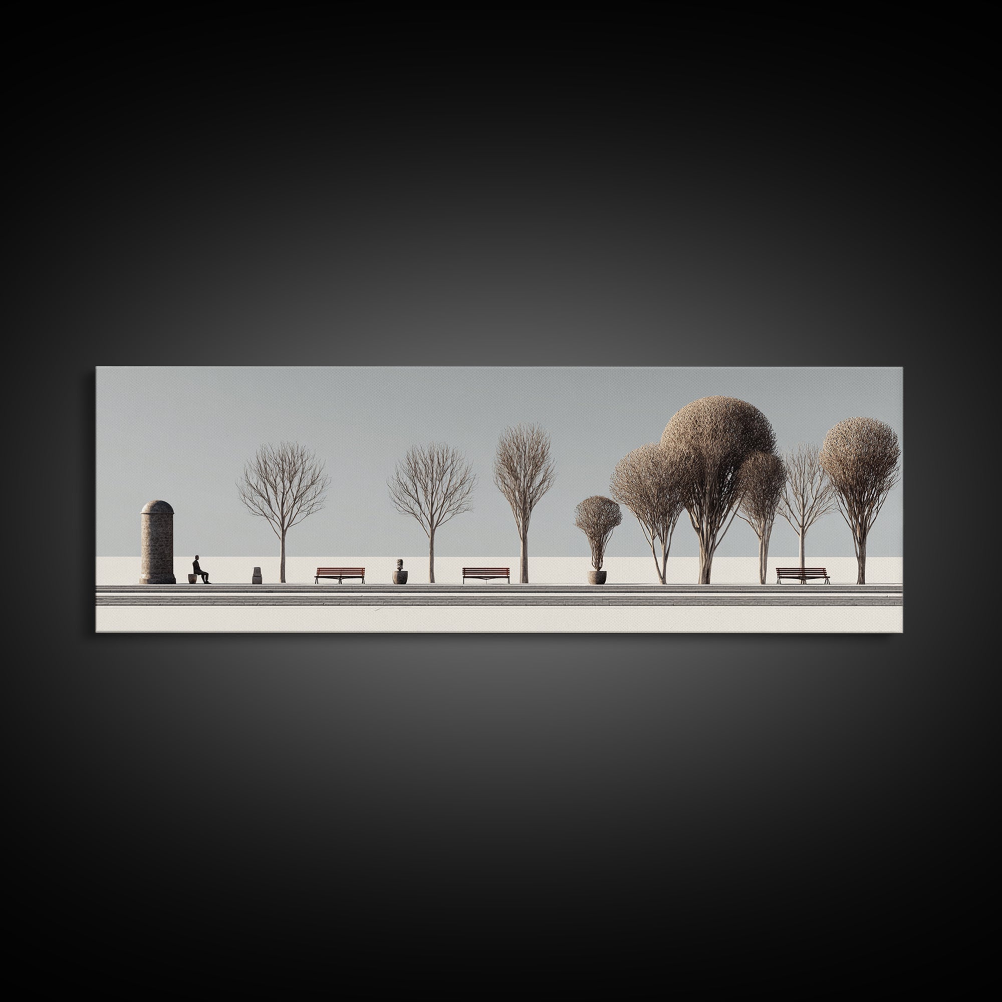 Minimal Winter Promenade With Bare Trees And Benches Wall Art, Modern Landscape Print, Scandinavian Decor, Office Art, Home Decor