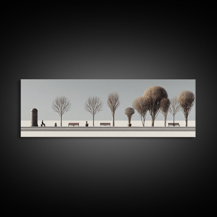 Minimal Winter Promenade With Bare Trees And Benches Wall Art, Modern Landscape Print, Scandinavian Decor, Office Art, Home Decor