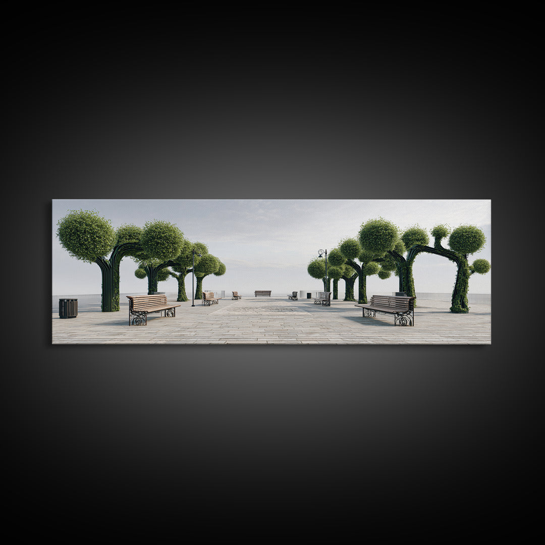 Coastal Boardwalk With Sculpted Green Trees And Benches Framed Canvas Print, Modern Wall Art, Beach House Decor Landscape