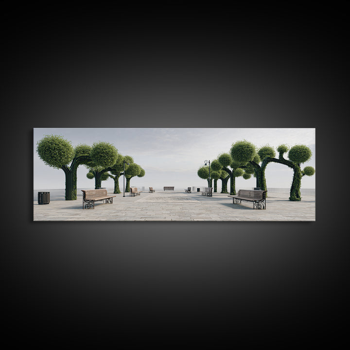 Coastal Boardwalk With Sculpted Green Trees And Benches Framed Canvas Print, Modern Wall Art, Beach House Decor Landscape