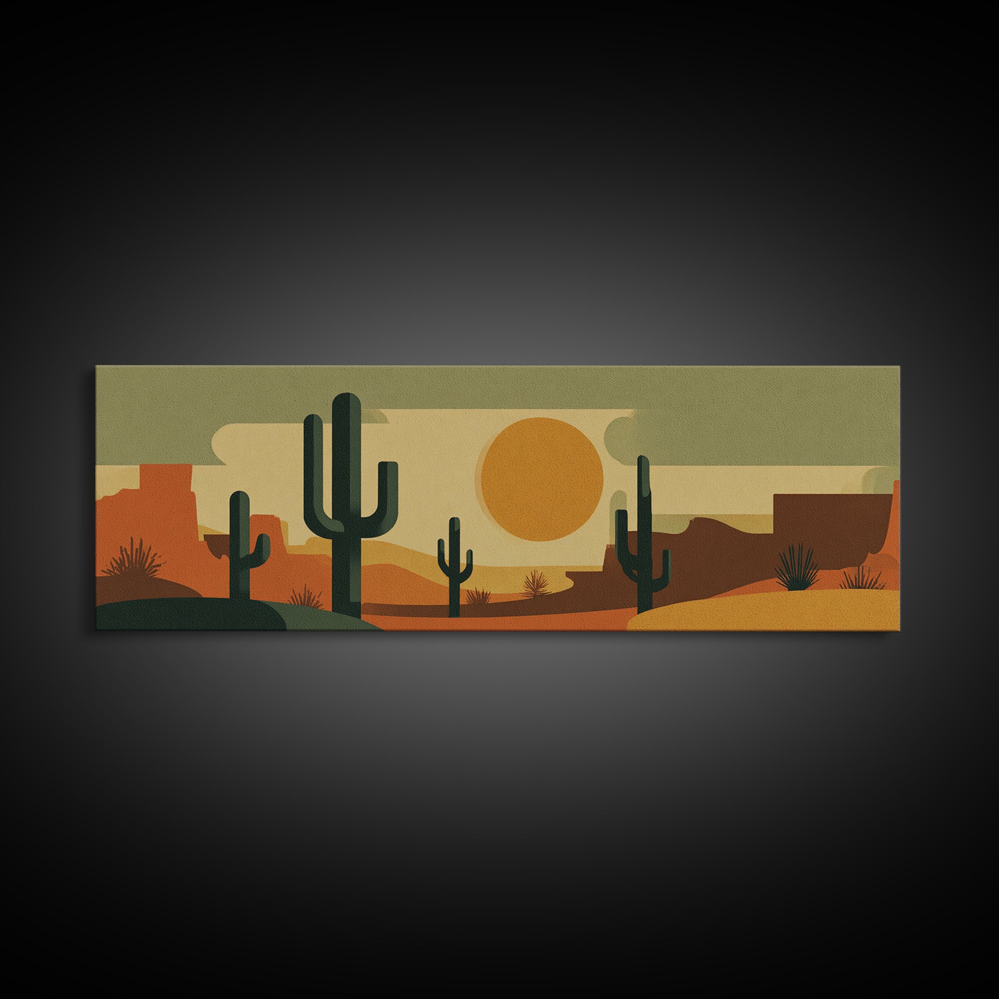 Retro Desert Cactus Scene With Orange Sun And Mesas Canvas Print, Mid Century Modern Wall Art, Southwest Decor Poster Print