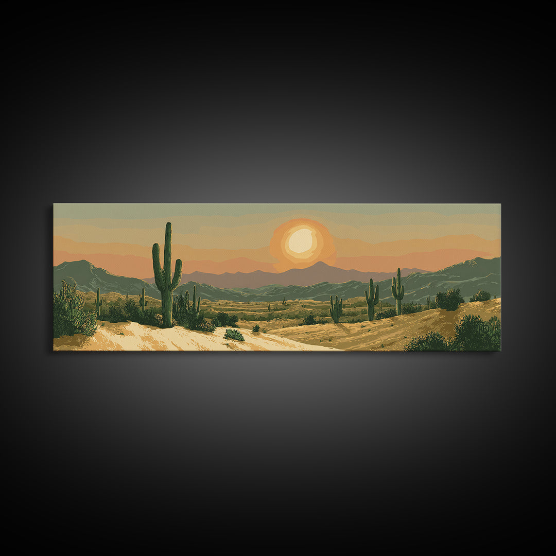 Golden Desert Valley Sunset With Saguaros And Mountains Wall Art, Southwest Landscape Print, Midcentury Modern Home Decor